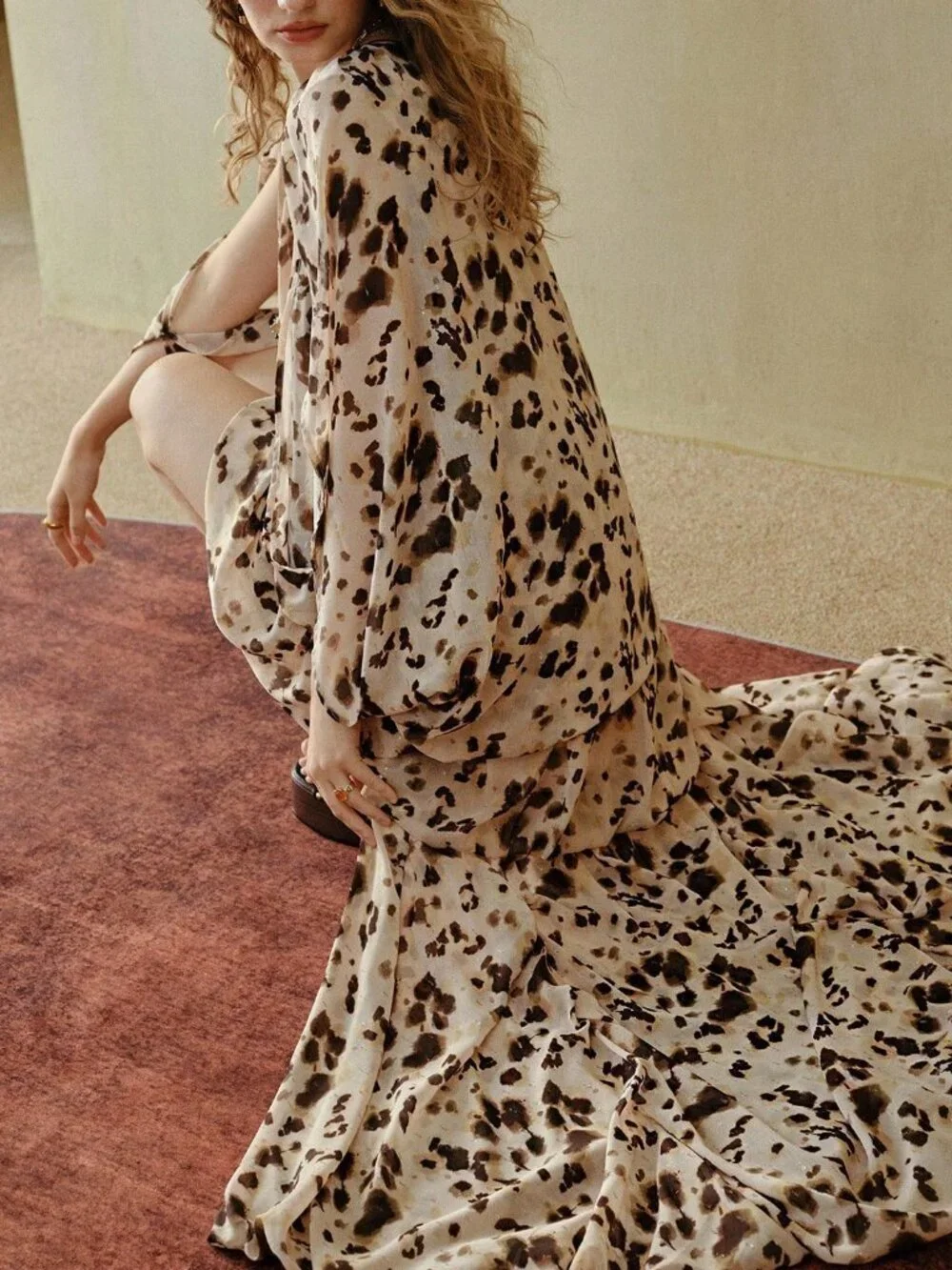 Multicolor Boho Women's Leopard Print Loose Pleated Long Dress